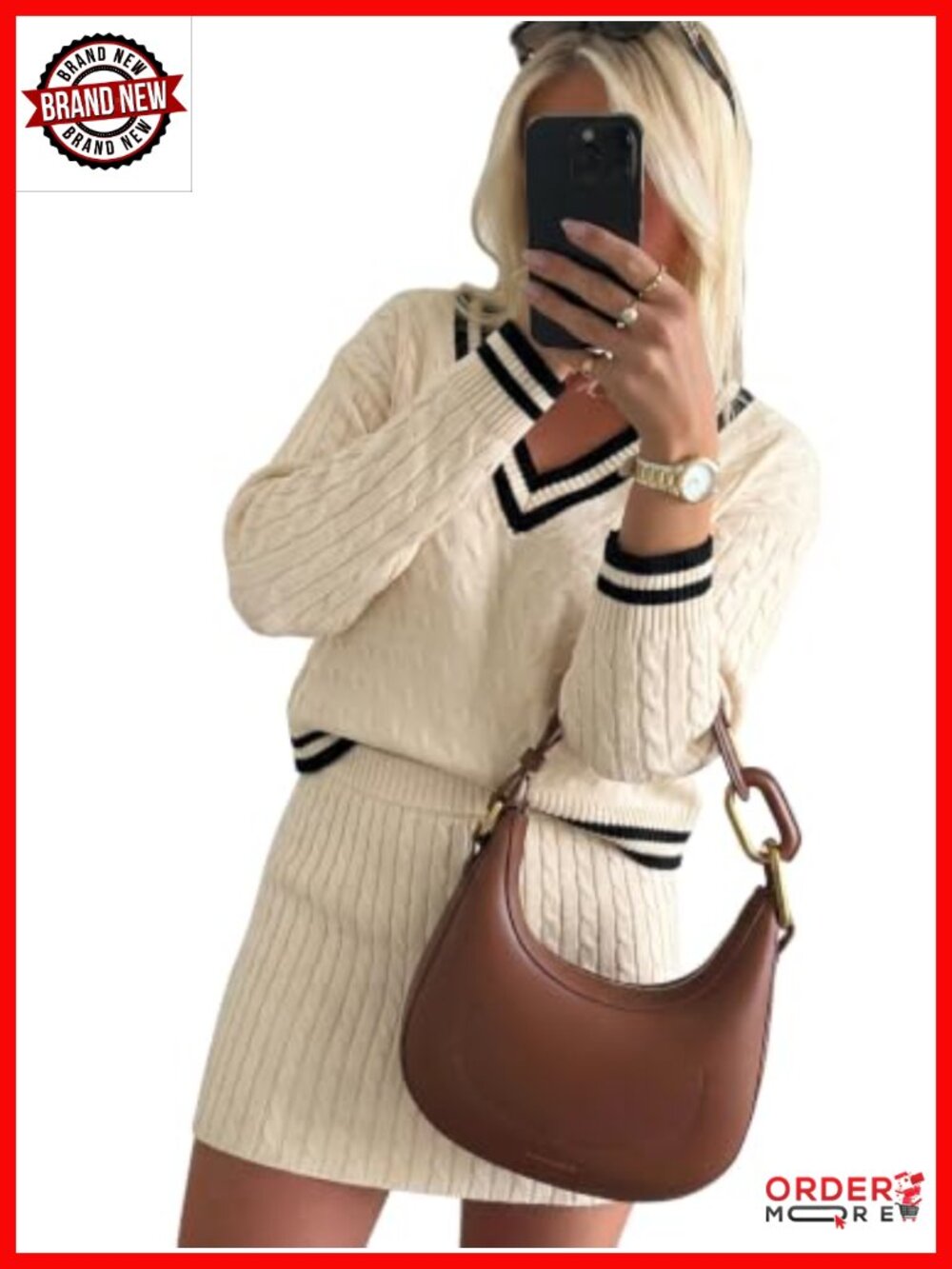 EXLURA Women 2 Piece Acrylic Sweater Skirt Set Cable Knit Pullover Mini Skirt